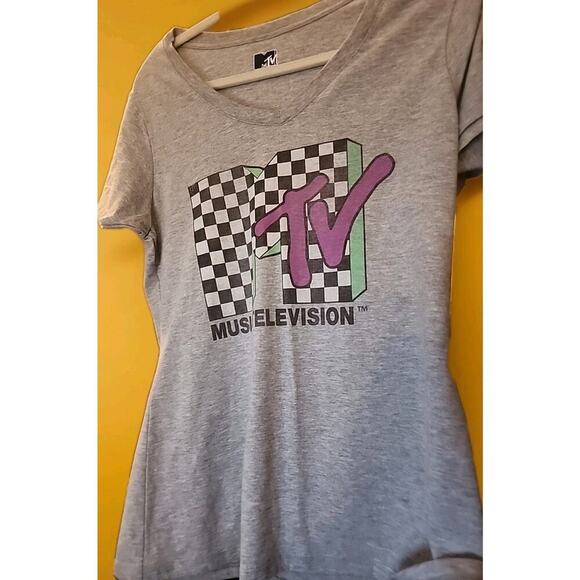 MTV Music Television Logo Womens Checkered Distressed T shirt Large New A129 - Picture 1 of 5